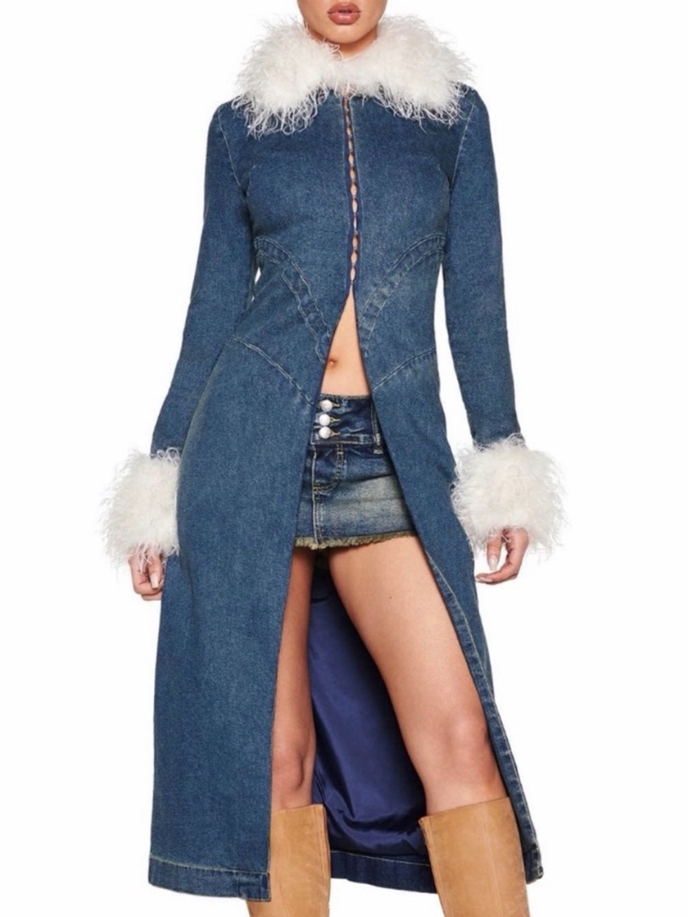 I.Am.Gia Sylvie Denim Coat Faux Fur Trim Long Coat Mob Wife Penny Lane Duster S